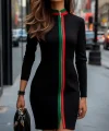 Kadın Uzun Kollu önden Tam Boy Fermuarlı Renkli şerit Detaylı Viskon Iki Iplik Mini Elbise