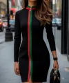 Kadın Uzun Kollu önden Tam Boy Fermuarlı Renkli şerit Detaylı Viskon Iki Iplik Mini Elbise