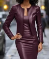 Kadın Uzun Kollu önü Açık Deri Ceket Ve Askılı Yuvarlak Yakalı Mini Elbise Ikili Takım