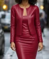 Kadın Uzun Kollu önü Açık Deri Ceket Ve Askılı Yuvarlak Yakalı Mini Elbise Ikili Takım