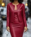 Kadın Uzun Kollu önü Açık Deri Ceket Ve Askılı Yuvarlak Yakalı Mini Elbise Ikili Takım