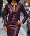 Kadın Uzun Kollu önü Açık Deri Ceket Ve Askılı Yuvarlak Yakalı Mini Elbise Ikili Takım