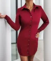 Kadın Uzun Kollu Polo Yaka ön Kısım çıtçıtlı Düğme Detay Scuba Krep Mini Boy Elbise