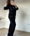 Kadın Uzun Kollu Pul Payet Detay Fermuarlı Hırka Ve Pantolon Ikili Takım
