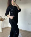 Kadın Uzun Kollu Pul Payet Detay Fermuarlı Hırka Ve Pantolon Ikili Takım