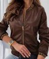 Kadın Uzun Kollu Ribanalı önden Fermuarlı Deri Ceket