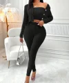 Kadın Uzun Kollu Straplez şardonlu Kaşkorse Bluz önü Düğmeli Ceket Ve Tayt Pantolonlu üçlü Takım