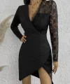 Kadın Uzun Kollu Tek Kolu Dantel Detay V Yakalı Yırtmaçlı Dalgıç Elbise