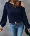 Kadın Uzun Kollu Tek Omuz Askı Detay Salaş Viskon Iki Iplik Bluz