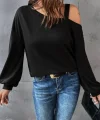 Kadın Uzun Kollu Tek Omuz Askı Detay Salaş Viskon Iki Iplik Bluz