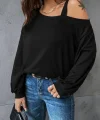 Kadın Uzun Kollu Tek Omuz Askı Detay Salaş Viskon Iki Iplik Bluz