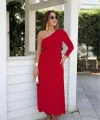 Kadın Uzun Kollu Tek Omuz Detay Krep Elbise