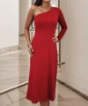 Kadın Uzun Kollu Tek Omuz Detay Krep Elbise