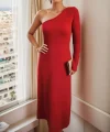 Kadın Uzun Kollu Tek Omuz Detay Krep Elbise
