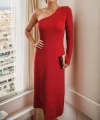 Kadın Uzun Kollu Tek Omuz Detay Krep Elbise