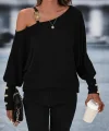 Kadın Uzun Kollu Tek Omuzdan Açık Askı Detaylı Waffle Bluz