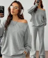 Kadın Uzun Kollu Tek Omuzdan Açık Iki Iplik Bluz Ve Pantolon Ikili Takım