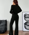 Kadın Uzun Kollu Tek Omuzdan Açık Iki Iplik Bluz Ve Pantolon Ikili Takım