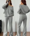 Kadın Uzun Kollu Tek Omuzdan Açık Iki Iplik Bluz Ve Pantolon Ikili Takım