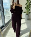 Kadın Uzun Kollu Tek Omuzdan Açık Modal Bluz Ve Pantolon Ikili Mürdüm Takım