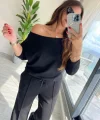 Kadın Uzun Kollu Tek Omuzdan Açık Modal Bluz Ve Pantolon Ikili Takım