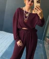 Kadın Uzun Kollu Tek Omuzdan Açık Viskon Iki Iplik Bluz Ve Pantolon Ikili Takım