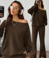 Kadın Uzun Kollu Tek Omuzdan ıkmiki Iplik Bluz Ve Pantolon Ikili Takım
