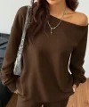 Kadın Uzun Kollu Tek Omuzdan ıkmiki Iplik Bluz Ve Pantolon Ikili Takım