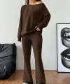 Kadın Uzun Kollu Tek Omuzdan ıkmiki Iplik Bluz Ve Pantolon Ikili Takım
