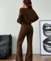 Kadın Uzun Kollu Tek Omuzdan ıkmiki Iplik Bluz Ve Pantolon Ikili Takım