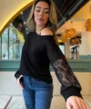 Kadın Uzun Kollu Tek Omuzu Açık Askılı Toka Ve Dantel Detay Viskon Iki Iplik Bluz