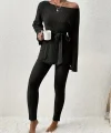 Kadın Uzun Kollu Tek Omuzu Açık Belden Kuşaklı şardonlu Kaşkorse Bluz Ve Tayt Pantolon