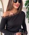 Kadın Uzun Kollu Tek Omuzu Açık Dantelli Burgu Bluz