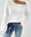 Kadın Uzun Kollu Tek Omuzu Açık Detaylı Triko Bluz