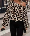 Kadın Uzun Kollu Tek Omuzu Açık Tokalı Leopar Desenli Modal Bluz