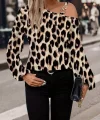 Kadın Uzun Kollu Tek Omuzu Açık Tokalı Leopar Desenli Modal Bluz