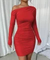 Kadın Uzun Kollu Tek Omuzu Açık Yanlardan Büzgülü Kısa Sandy Elbise