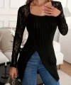 Kadın Uzun Kollu Tül Detaylı Kare Yakalı Asimetrik Kesim şardonlu Dalgıç Bluz