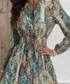 Kadın Uzun Kollu Uakadabağcıklı Beli Lastikli Desenli Uzun Süprem Elbise