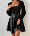 Kadın Uzun Kollu üst Viskon Alt Kloş Deri Elbise