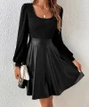 Kadın Uzun Kollu üst Viskon Alt Kloş Deri Elbise
