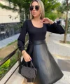 Kadın Uzun Kollu üst Viskon Alt Kloş Deri Elbise