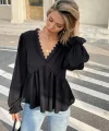 Kadın Uzun Kollu V Dantel Yaka Aerobin Bluz