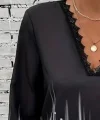 Kadın Uzun Kollu V Dantel Yaka Desenli Modal Bluz