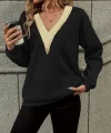 Kadın Uzun Kollu V Dantel Yaka şardonsuz üç Iplik Bluz