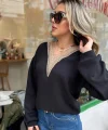Kadın Uzun Kollu V Dantel Yaka şardonsuz üç Iplik Bluz