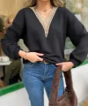 Kadın Uzun Kollu V Dantel Yaka şardonsuz üç Iplik Bluz