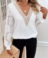 Kadın Uzun Kollu V Dantel Yaka Waffle Bluz
