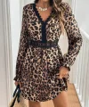 Kadın Uzun Kollu V Dantel Yakalı Leopar Desenli Modal Mini Elbise