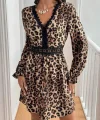 Kadın Uzun Kollu V Dantel Yakalı Leopar Desenli Modal Mini Elbise